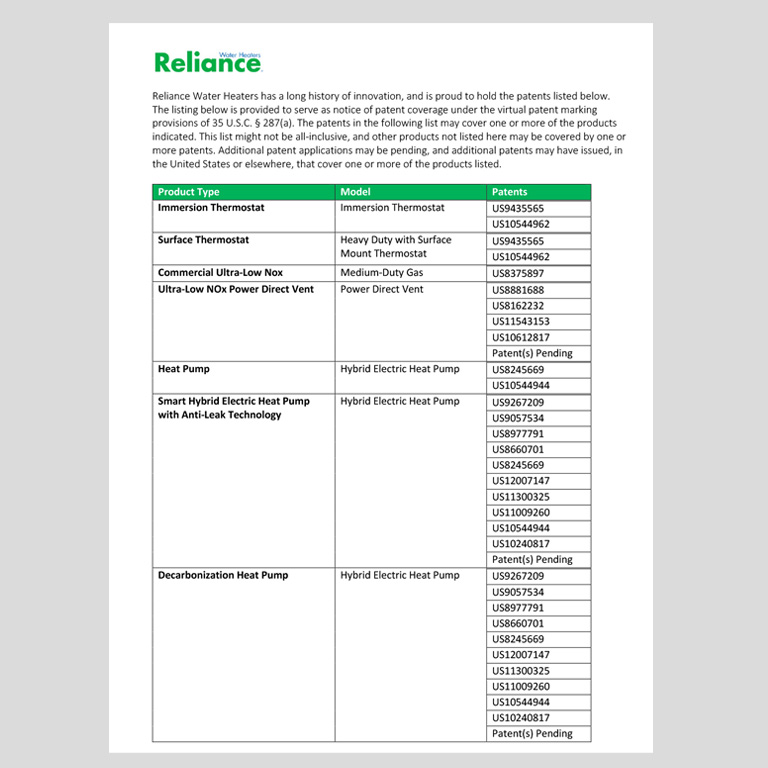 Reliance Water Heater Patents
