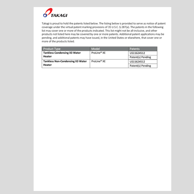 Takagi Water Heater Patents